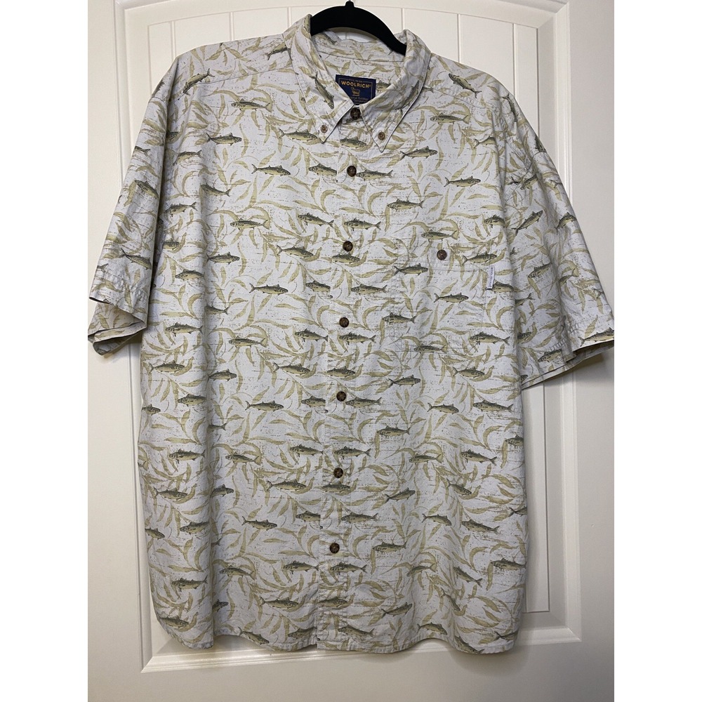 Woolrich Shirt Men's Wasabi Tuna Fish Print XL Button Up Short Sleeve